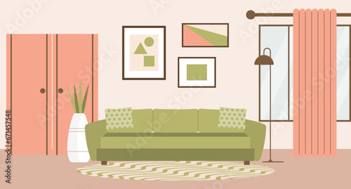 Living room with sofa, house plants, bedside table, window with curtains, bookcase and paintings on the wall. Flat interior in minimal style, vector