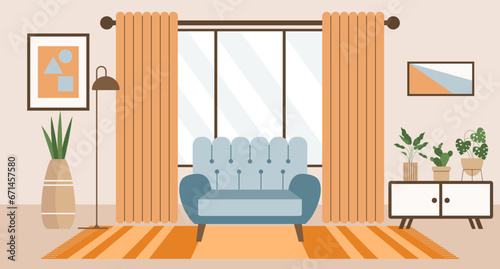 Living room with sofa, house plants, bedside table, window with curtains, bookcase and paintings on the wall. Flat interior in minimal style, vector