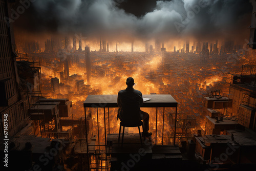 image of a man sitting at a desk observing the disaster of the war