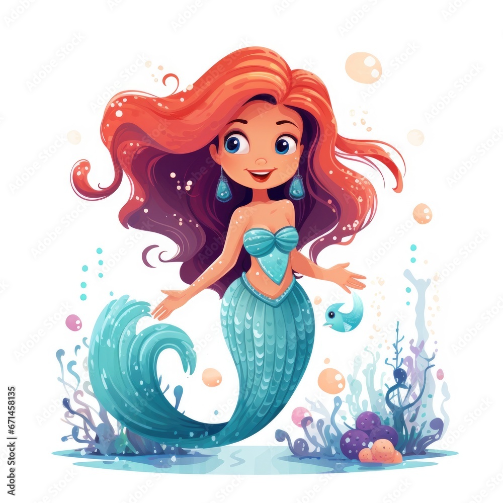 cartoon little mermaid on white background. Flat style cartoon little mermaid on white background. Flat style