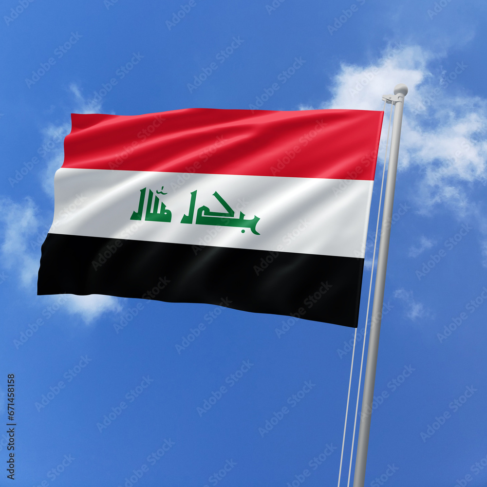 Naklejka premium Iraq flag fluttering in the wind on sky.