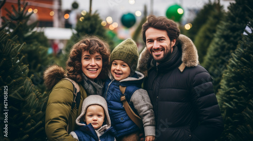 A happy family with a child and parents chooses a New Year's tree at the Christmas tree market. Merry Christmas and Merry New Year concept.