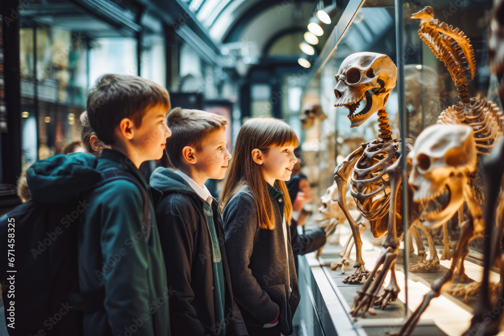 Curious group of primary school students observing animal skeletons and skulls at the museum, fun and educational school field trip - obrazy, fototapety, plakaty 