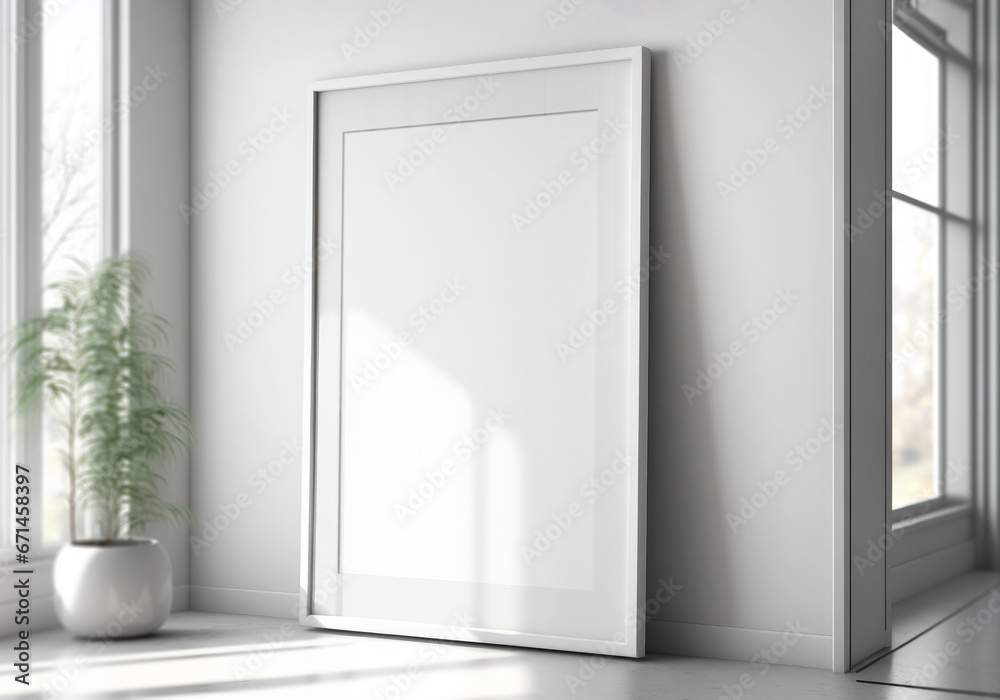 Fototapeta premium White frame placed in a brigt living room Mockup. Generative Ai