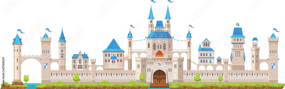 Medieval fortress castle. Gate, tower and turret, bridge, fort, wall and palace. Ancient king medieval castle vector backdrop, royal fortress or fantasy kingdom palace with towers, moat and drawbridge