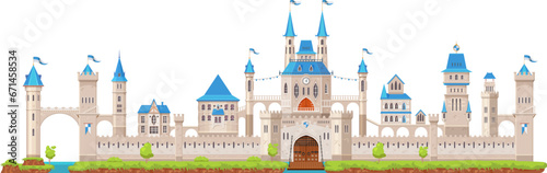 Medieval fortress castle. Gate, tower and turret, bridge, fort, wall and palace. Ancient king medieval castle vector backdrop, royal fortress or fantasy kingdom palace with towers, moat and drawbridge