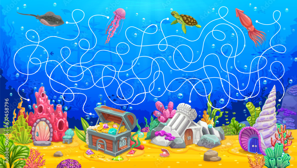 Underwater labyrinth maze, help to animals find own house building, vector puzzle game. Cartoon jellyfish, turtle and stingray with squid to find way to sea or ocean dwellings in underwater labyrinth