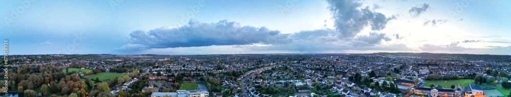 Aerial Panoramic View of British City During Sunset