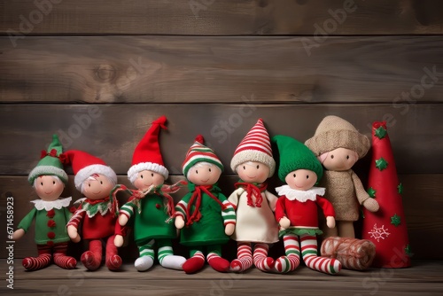 Christmas elves toys on wooden board. Seasonal advent cute design elf. Generate Ai photo