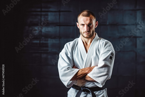 Portrait of handsome young male in his white karate kimono with black belt, asian martial art training indoor, karate class