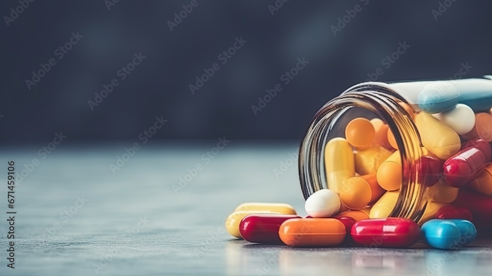 Colorful pills and capsules spilling out of pill bottle on grey background. Medical and medicine concept. Ai generative - obrazy, fototapety, plakaty 