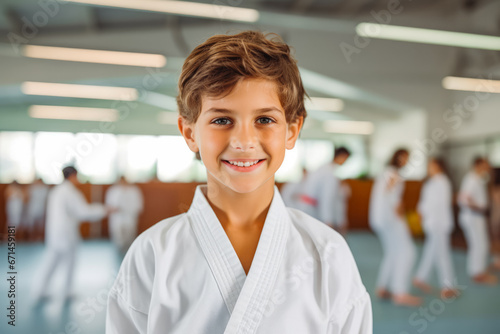 Portrait of handsome young boy in his karate kimono training in a gymnasium  asian martial art training indoor  karate group class