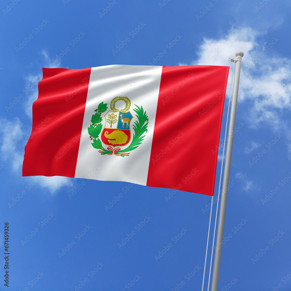 Naklejka premium Peru flag fluttering in the wind on sky.