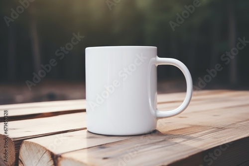 Empty blank mock up of white ceramic coffee mug on a forest background