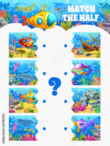 Match the half of underwater landscape. Figure fragment search vector game, kids puzzle quiz or block connect riddle worksheet with submarine on ocean bottom, treasure chest sea animals and corals