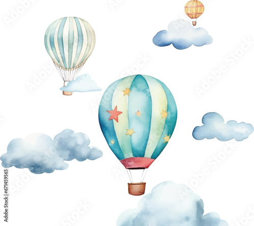 Watercolor hot air balloon  pattern with, clouds on a white background.