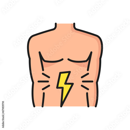 Allergy diarrhea or indigestion symptom color line icon. Food product allergy or nutrition ingredient intolerance, allergen reaction outline vector pictogram with man torso, stomach pain symbol