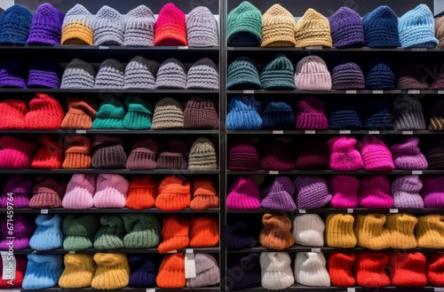 Colorful wool hats stand. Design retro sale shop personal. Generate Ai