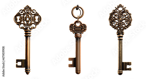 Set of antique keys PNG. antique key isolated png. Intricate key png. Bronze key. Medieval key. Antique key
 photo