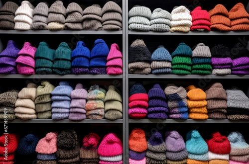 Colorful wool hats stand market. Material knit object cap protection. Generate Ai
