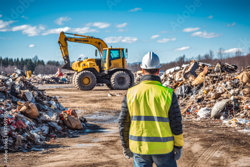 Construction worker directing yellow wheel loader with lifted scrap grapple that is moving a pile of garbage on construction site photo