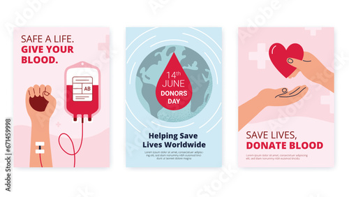 Blood donation concepts. Give blood, save lives, and help people. World Blood Donor Day. Vector poster templates with various illustrations.