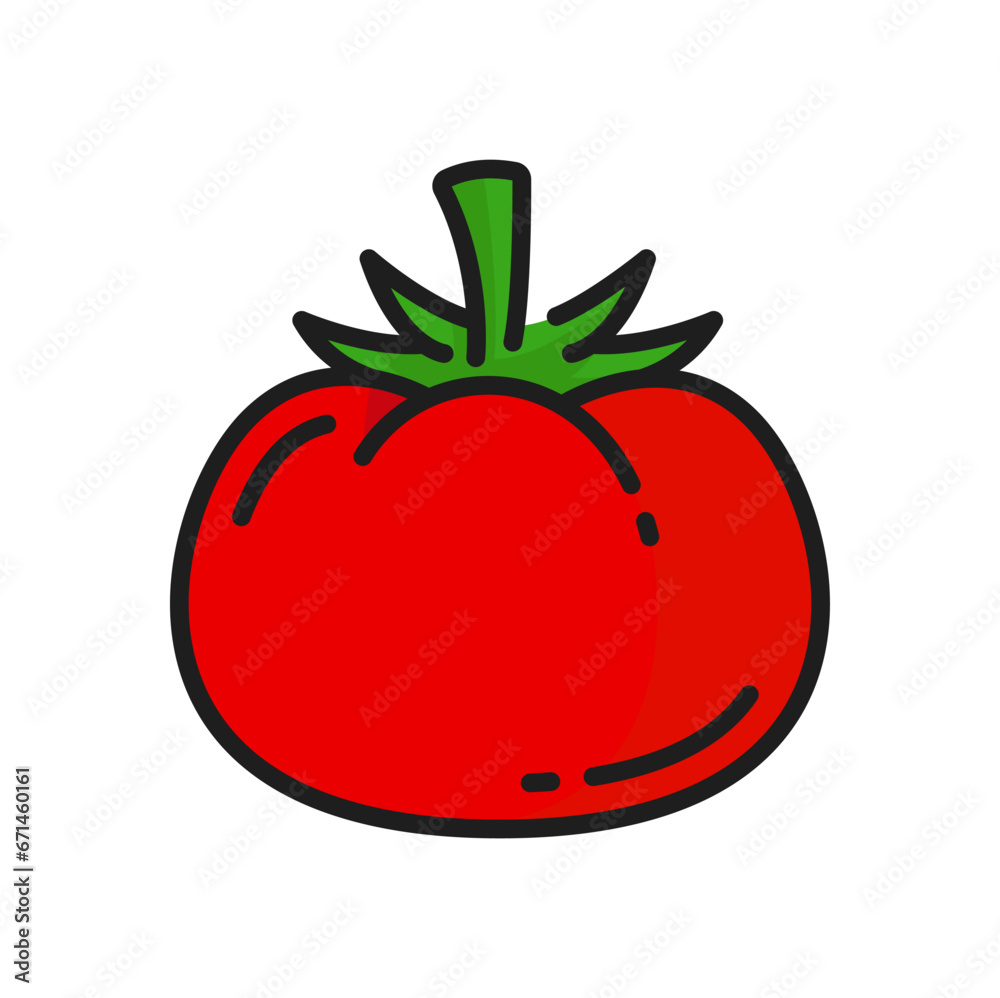 Red tomato berry with leaf vegetable salad ingredient color line icon. Vector vegetarian food whole ripe round tomato, veggies dieting cherry tomatoes Red tomato berry with leaf vegetable salad ingredient color line icon. Vector vegetarian food whole ripe round tomato, veggies dieting cherry tomatoes