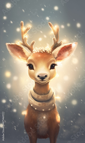 Illustration of cute little reindeer in Christmas lights, holidays mood © Lenuccia