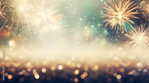 Vintage gold and green Fireworks and bokeh in New Year eve and copy space. Abstract background holiday