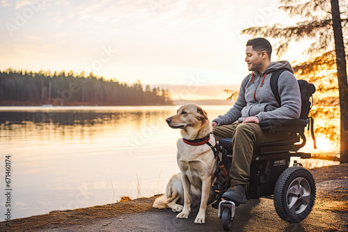Young man with disability on a wheelchair with his service dog right beside him with sunset in background, medical service dog with owner photo