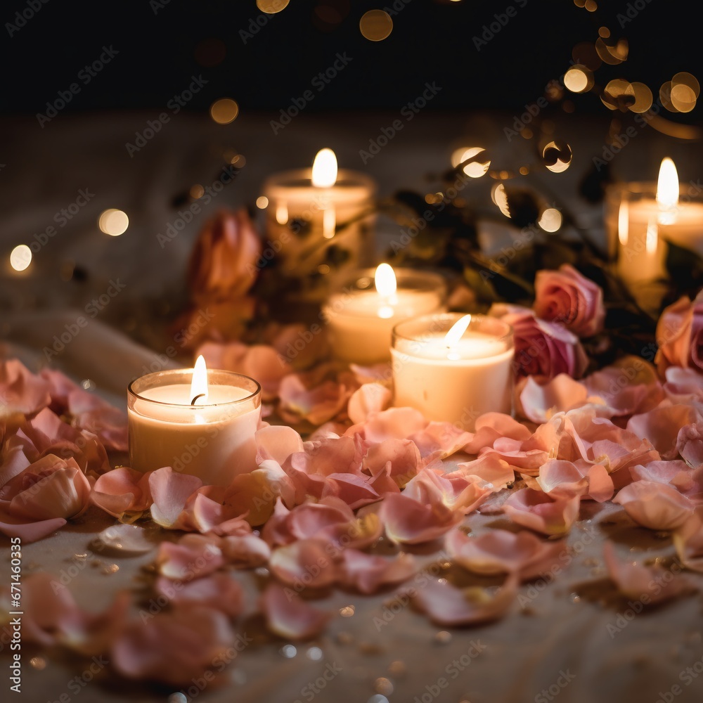 Candele profumate con petali su sfondo nero, romanticismo, pace e serenità Candele profumate con petali su sfondo nero, romanticismo, pace e serenità