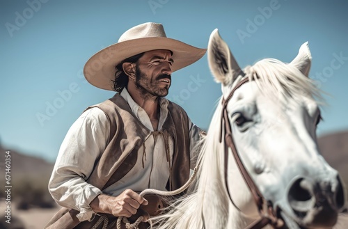 Cowboy white hat. Retro person man wild west. Generate Ai