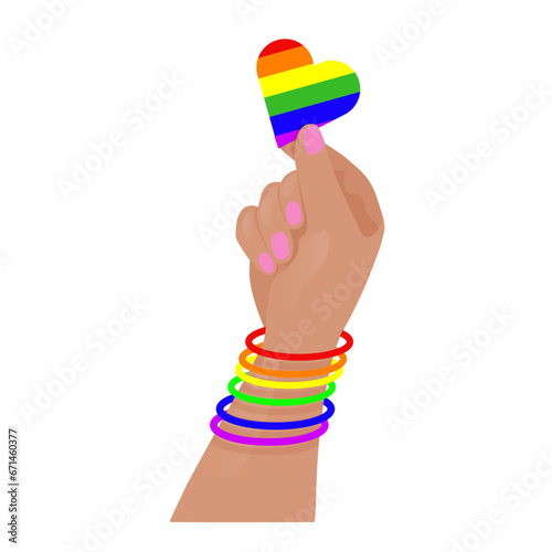 Human hand holding rainbow heart. Hand with Bracelets in lgbt colors. on white background. LGBT concept. Vector illustration isolated on white background
