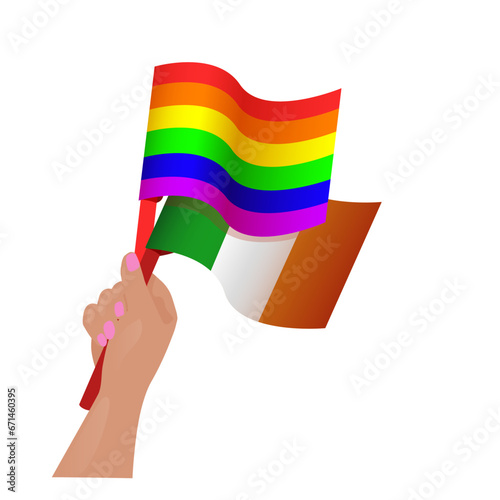 Hand holding Crossed flags of LGBT and Ireland. Vector illustration isolated on white background