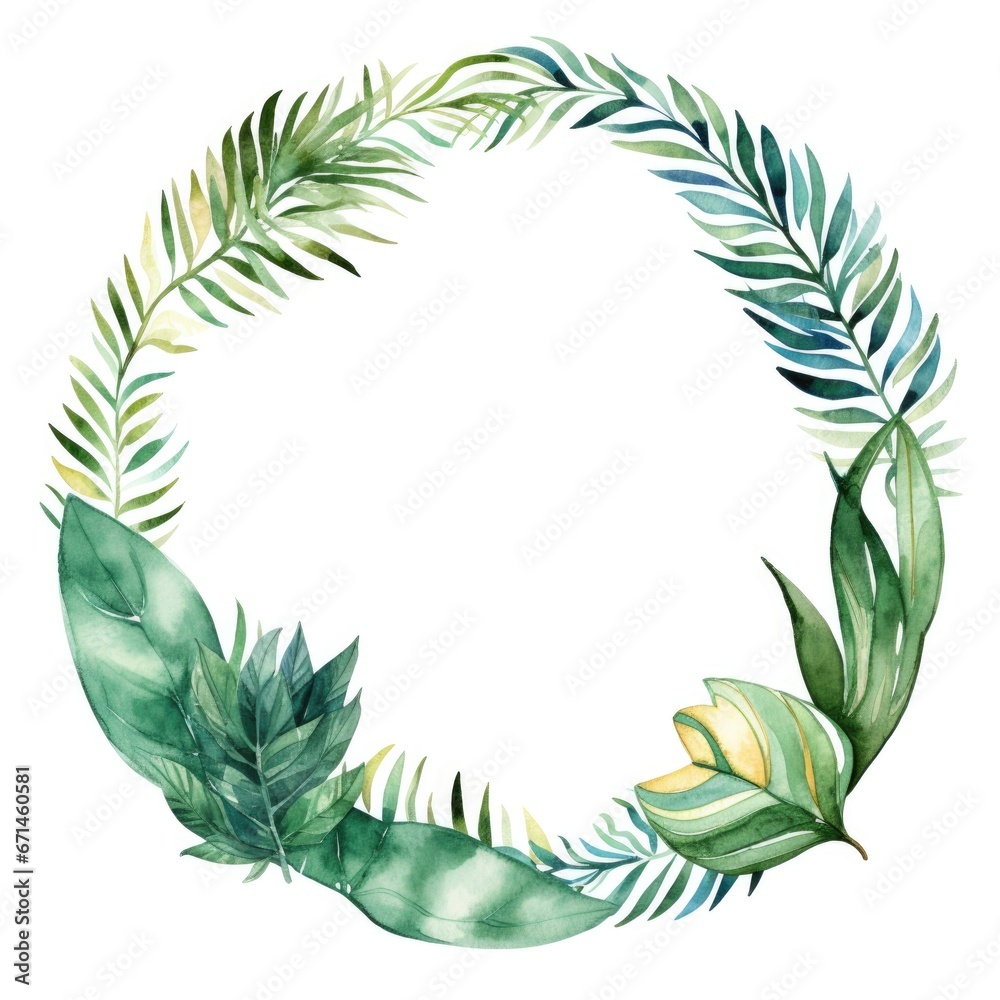 Circle frame of watercolor tropical green leaves on white background Circle frame of watercolor tropical green leaves on white background