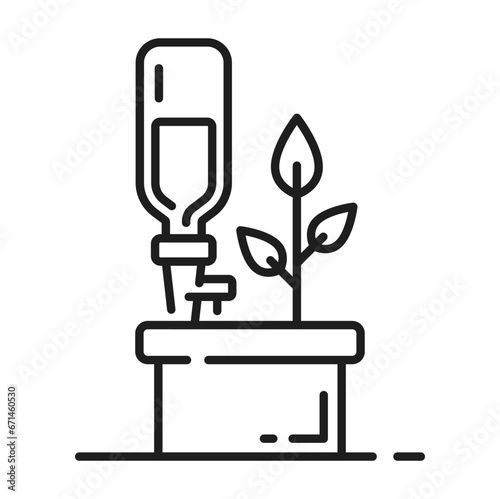Plant drip irrigation and watering icon. Seedling watering technology, farmland aquaponics automatic system or sprout water drip equipment line vector symbol. Agriculture irrigation pictogram or icon