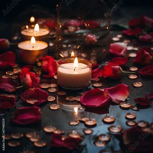 Candele profumate con petali su sfondo nero  romanticismo  pace e serenit  