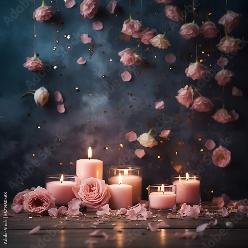Candele profumate con petali su sfondo nero, romanticismo, pace e serenità photo