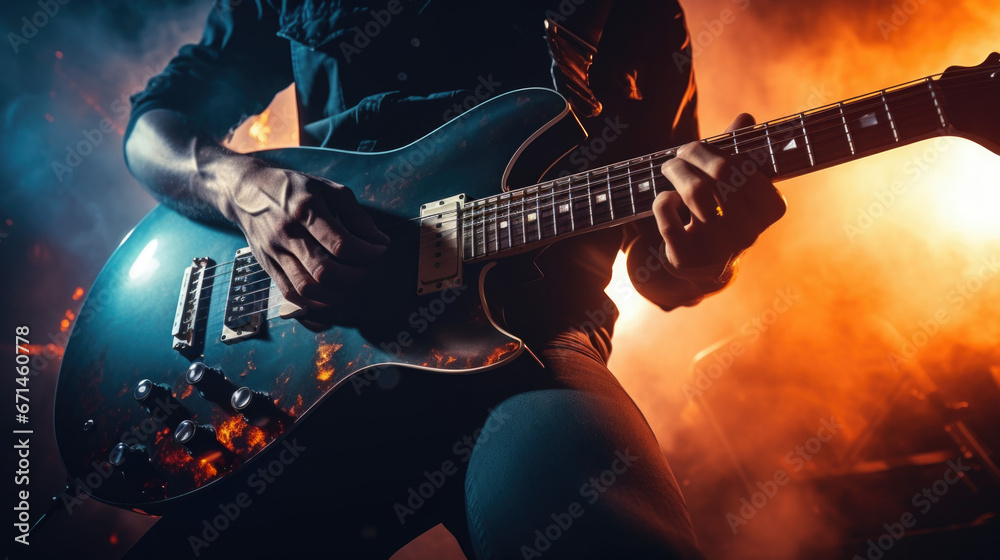 Obraz premium man playing guitar on a stage musical concert close-up view.