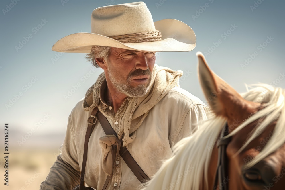 Cowboy white hat ride horse. Masculine fashion wild west man. Generate Ai Cowboy white hat ride horse. Masculine fashion wild west man. Generate Ai