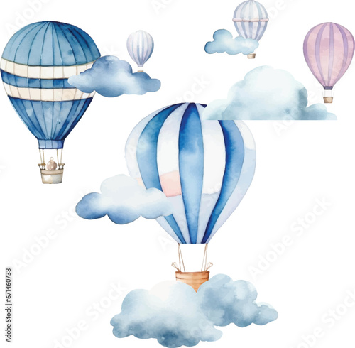 Watercolor hot air balloon  pattern with, clouds on a white background.