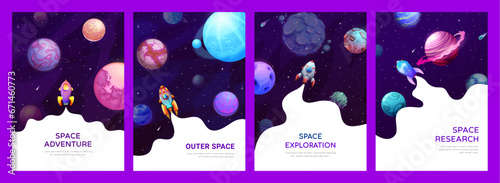 Space posters and flyers. Galaxy landscape, rocket spaceship launch and space planets or stars. Vector interstellar exploring cards with shuttle takeoff. Universe cosmic travel, astronomy science