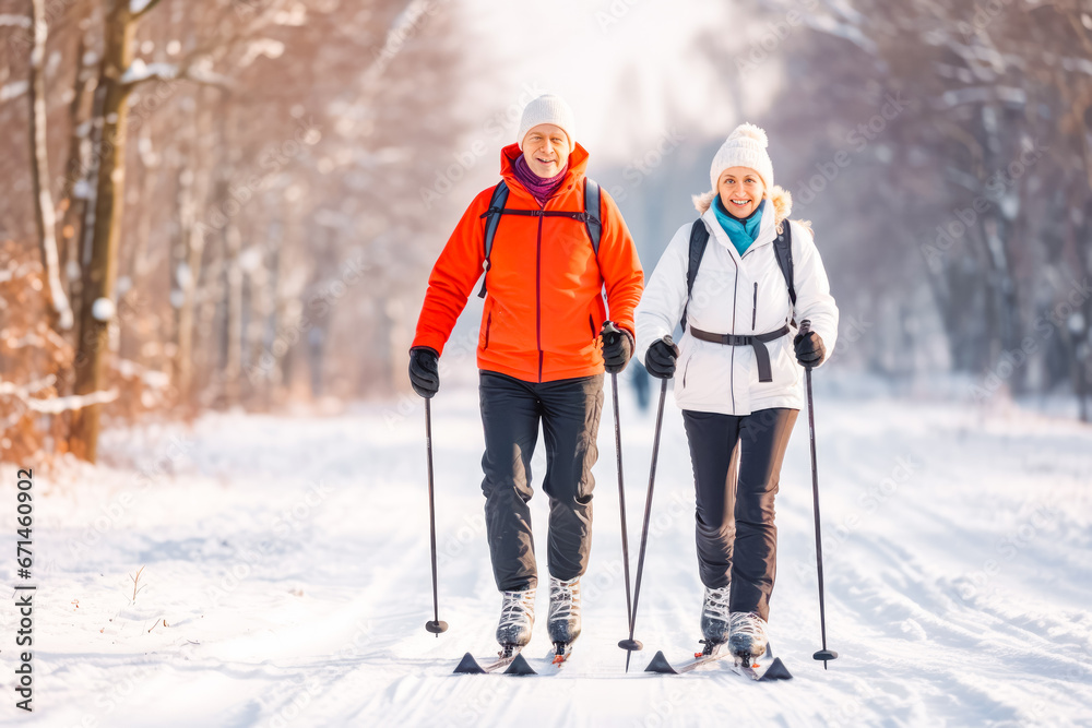 Older caucasian couple moving in sync while cross country skiing in winter idyllic, sport activity in winter, spending quality time together - obrazy, fototapety, plakaty 
