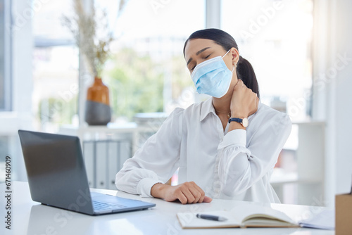 Covid business woman, neck pain and stress injury at office desk in startup. Sad, sick and tired face mask employee burnout, joint pain problem and body posture, corona virus health risk and anxiety