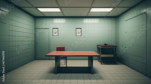 An empty Table and chair with in interrogation room, Investigation room concept.