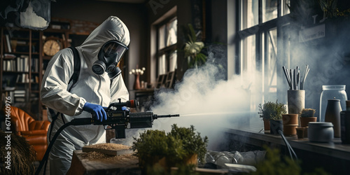 An extermination guy wearing a mask and a hazmat suit sprays poisonous gas on a house © Katrin_Primak