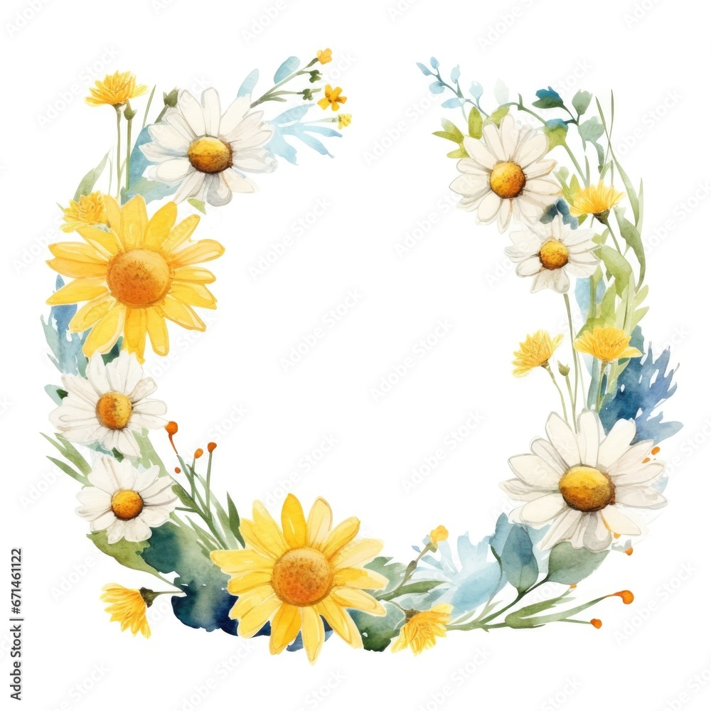 Circle frame of watercolor daisy flowers and leaves on white background.