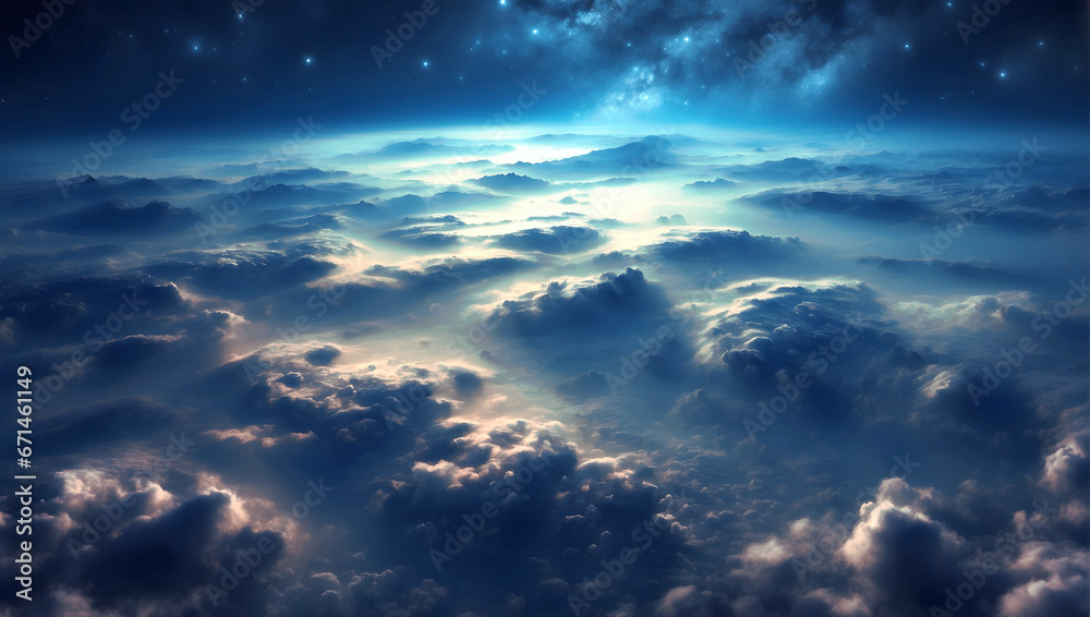Beautiful aerial view above clouds on a starry night. Beautiful aerial view above clouds on a starry night.