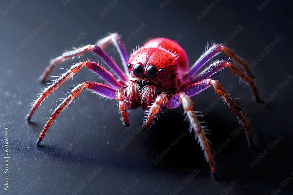 Close-up of a hairy spider in neon red and purple lights on a black background. Close-up of a hairy spider in neon red and purple lights on a black background.