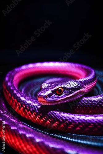 Close-up of a snake with neon pink and purple lights on a black background. © Alan